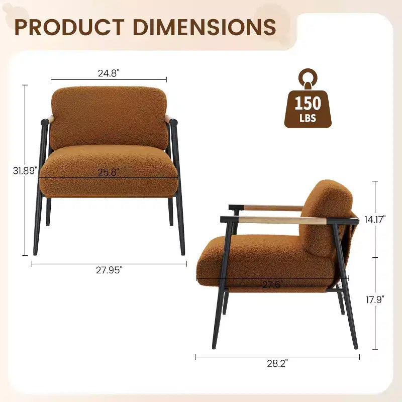 Comfy Chair, Modern Accent Chair with Metal Frame, Cozy Reading Chair with Soft Cushion & Wood Armrest for Bedroom, Living Room