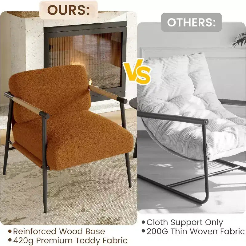 Comfy Chair, Modern Accent Chair with Metal Frame, Cozy Reading Chair with Soft Cushion & Wood Armrest for Bedroom, Living Room