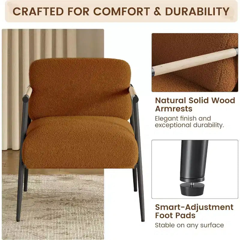 Comfy Chair, Modern Accent Chair with Metal Frame, Cozy Reading Chair with Soft Cushion & Wood Armrest for Bedroom, Living Room