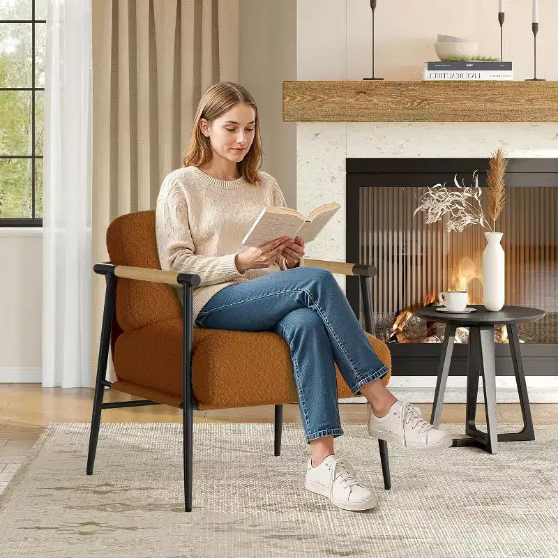 Comfy Chair, Modern Accent Chair with Metal Frame, Cozy Reading Chair with Soft Cushion & Wood Armrest for Bedroom, Living Room