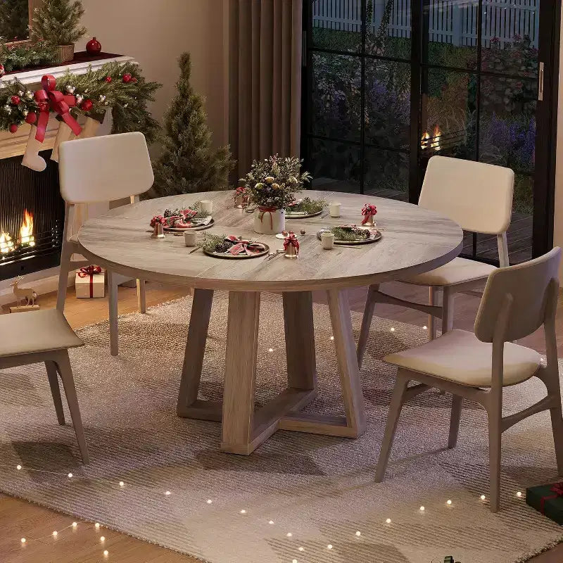 47 Round Dining Table for 4-6 People, Modern Kitchen Table with Sturdy Cross-Shaped Base & Adjustable Foot Pads, Black Table for Dining Room