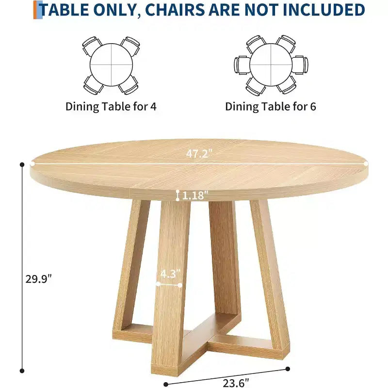 47 Round Dining Table for 4-6 People, Modern Kitchen Table with Sturdy Cross-Shaped Base & Adjustable Foot Pads, Black Table for Dining Room