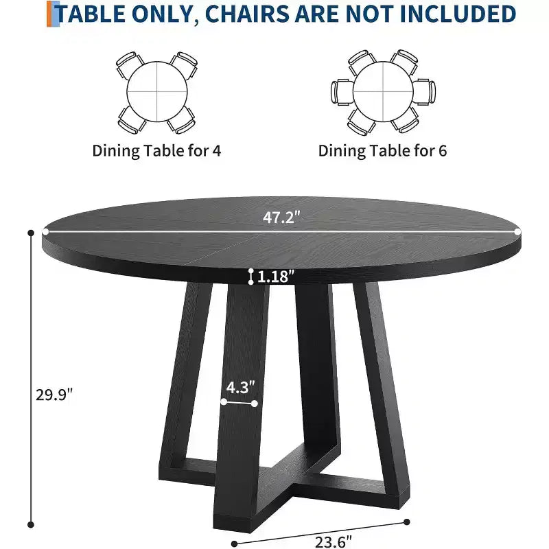 47 Round Dining Table for 4-6 People, Modern Kitchen Table with Sturdy Cross-Shaped Base & Adjustable Foot Pads, Black Table for Dining Room