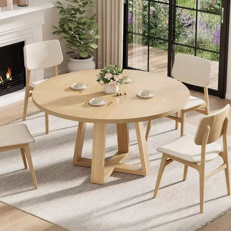 47 Round Dining Table for 4-6 People, Modern Kitchen Table with Sturdy Cross-Shaped Base & Adjustable Foot Pads, Black Table for Dining Room