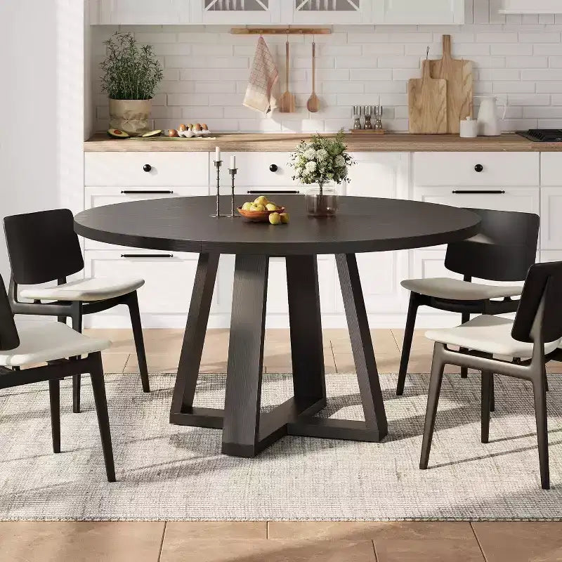 47 Round Dining Table for 4-6 People, Modern Kitchen Table with Sturdy Cross-Shaped Base & Adjustable Foot Pads, Black Table for Dining Room