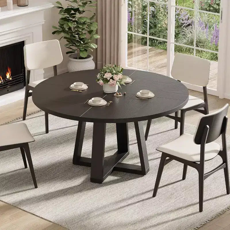 47 Round Dining Table for 4-6 People, Modern Kitchen Table with Sturdy Cross-Shaped Base & Adjustable Foot Pads, Black Table for Dining Room