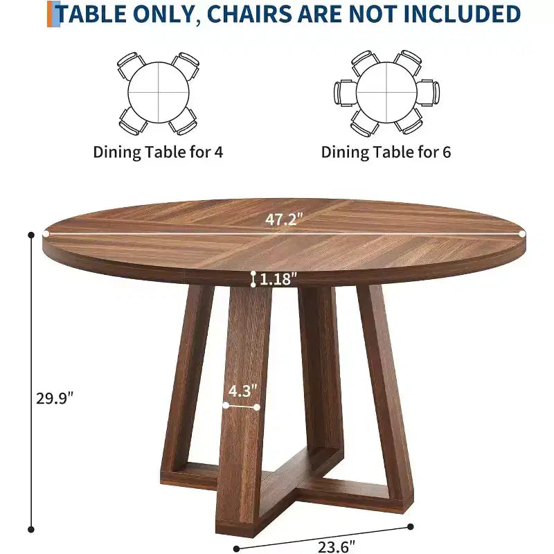47 Round Dining Table for 4-6 People, Modern Kitchen Table with Sturdy Cross-Shaped Base & Adjustable Foot Pads, Black Table for Dining Room