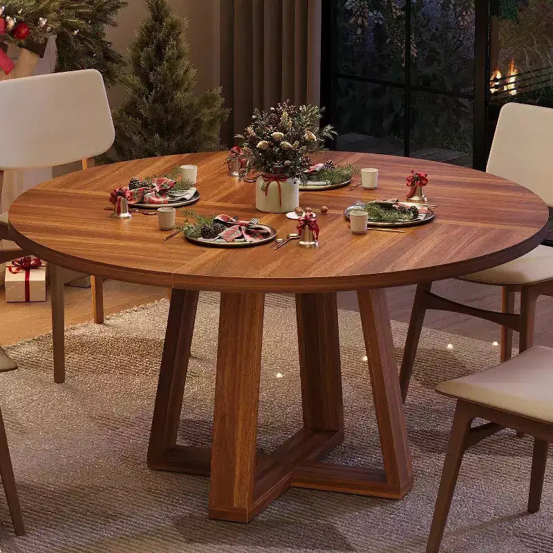 47 Round Dining Table for 4-6 People, Modern Kitchen Table with Sturdy Cross-Shaped Base & Adjustable Foot Pads, Black Table for Dining Room