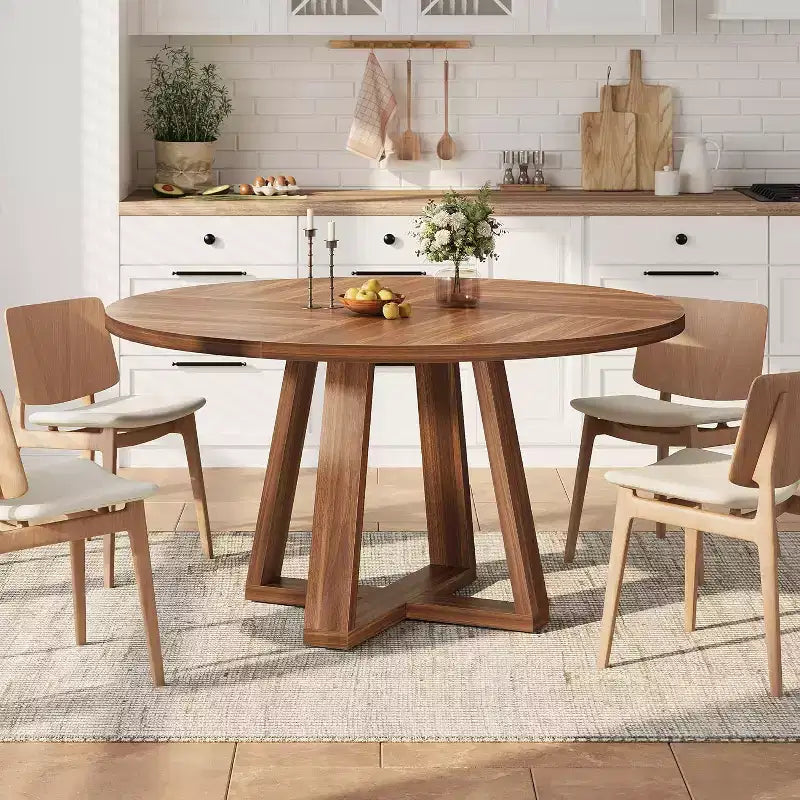 47 Round Dining Table for 4-6 People, Modern Kitchen Table with Sturdy Cross-Shaped Base & Adjustable Foot Pads, Black Table for Dining Room