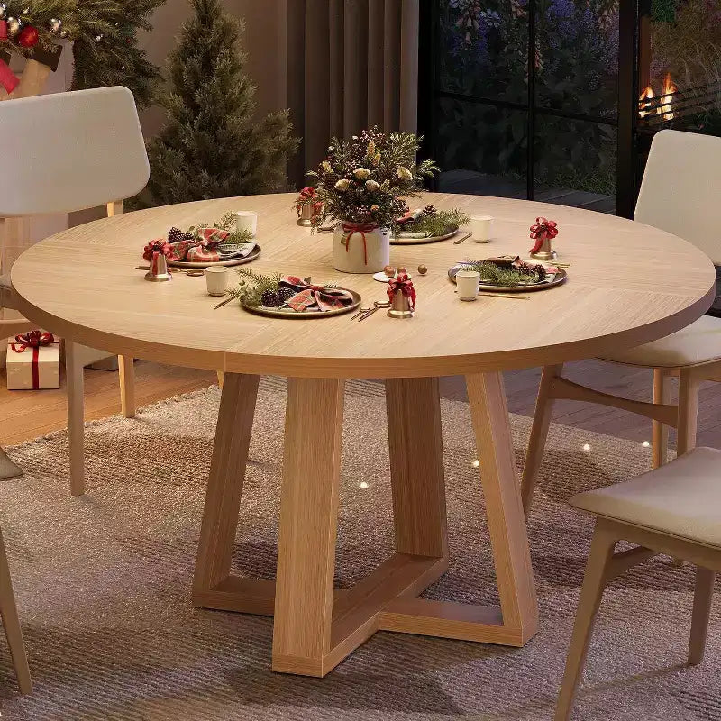 47 Round Dining Table for 4-6 People, Modern Kitchen Table with Sturdy Cross-Shaped Base & Adjustable Foot Pads, Black Table for Dining Room