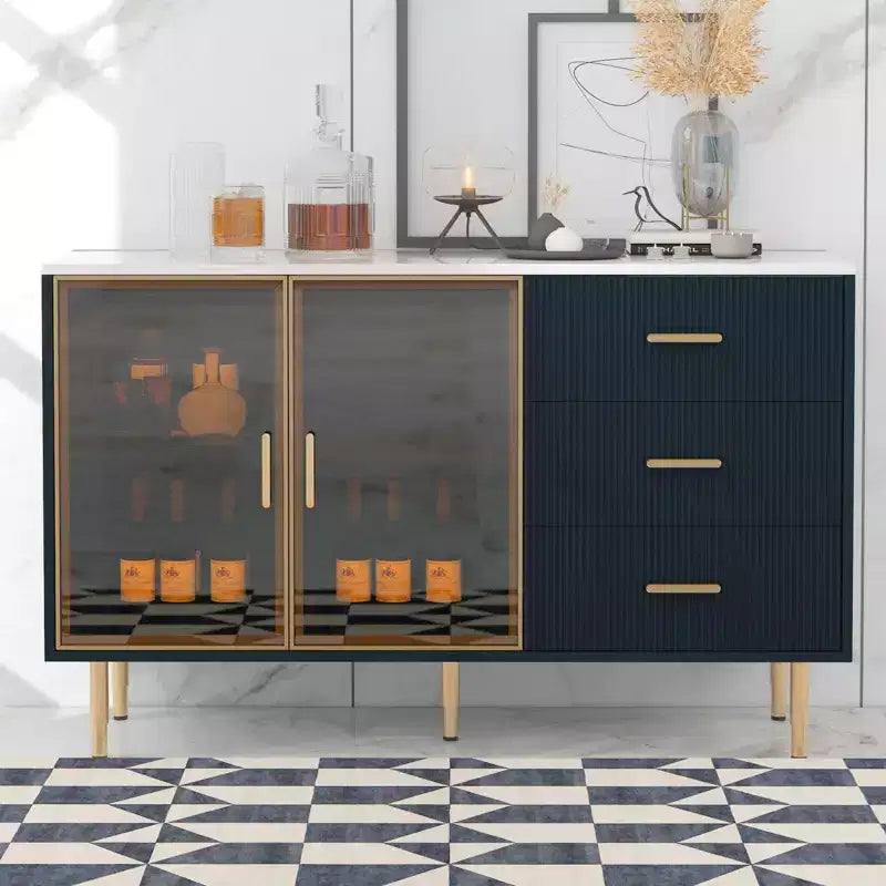 Modern Wood Buffet Sideboard Table with Marble Sticker Tabletop and Tempered Glass Doors with Gold Metal Legs & Handles (Navy Blue)
