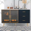 Modern Wood Buffet Sideboard Table with Marble Sticker Tabletop and Tempered Glass Doors with Gold Metal Legs & Handles (Navy Blue)