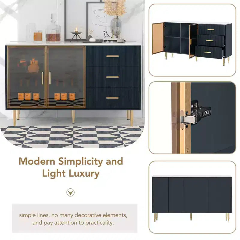 Modern Wood Buffet Sideboard Table with Marble Sticker Tabletop and Tempered Glass Doors with Gold Metal Legs & Handles (Navy Blue)