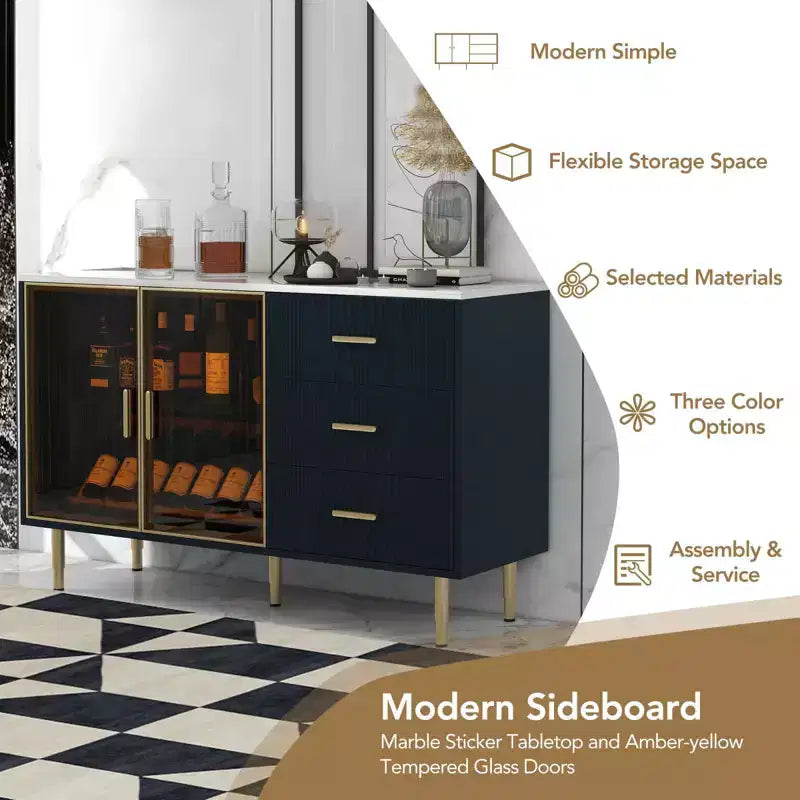 Modern Wood Buffet Sideboard Table with Marble Sticker Tabletop and Tempered Glass Doors with Gold Metal Legs & Handles (Navy Blue)