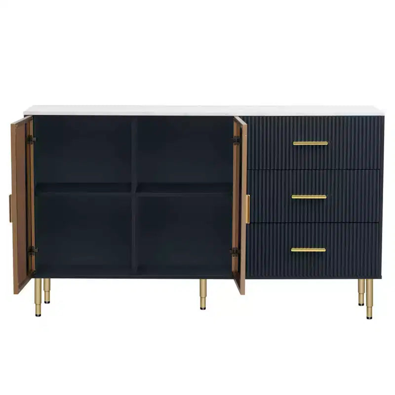 Modern Wood Buffet Sideboard Table with Marble Sticker Tabletop and Tempered Glass Doors with Gold Metal Legs & Handles (Navy Blue)