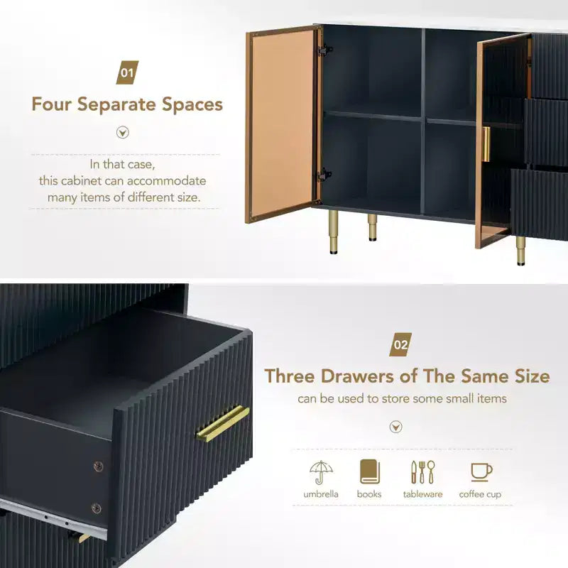 Modern Wood Buffet Sideboard Table with Marble Sticker Tabletop and Tempered Glass Doors with Gold Metal Legs & Handles (Navy Blue)