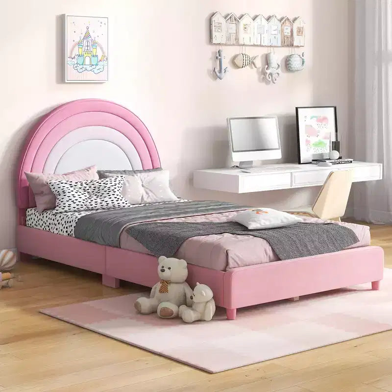 Kids Twin Platform Bed Frame Upholstered Twin Size Bed w/ Wooden Slats Support