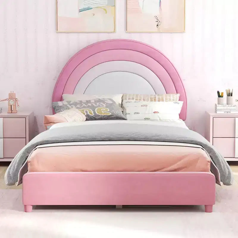 Kids Twin Platform Bed Frame Upholstered Twin Size Bed w/ Wooden Slats Support