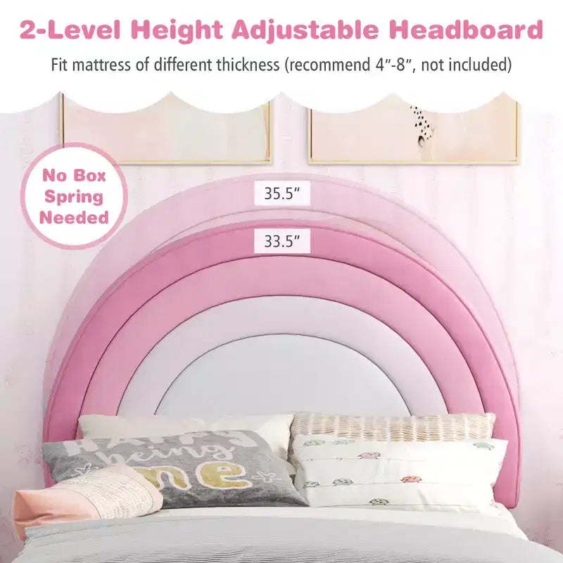 Kids Twin Platform Bed Frame Upholstered Twin Size Bed w/ Wooden Slats Support