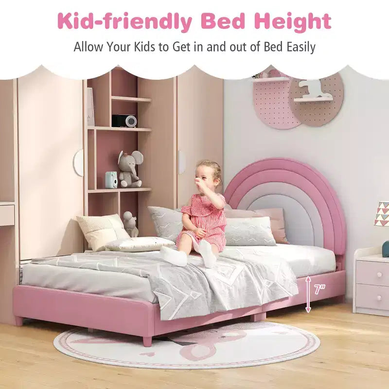 Kids Twin Platform Bed Frame Upholstered Twin Size Bed w/ Wooden Slats Support