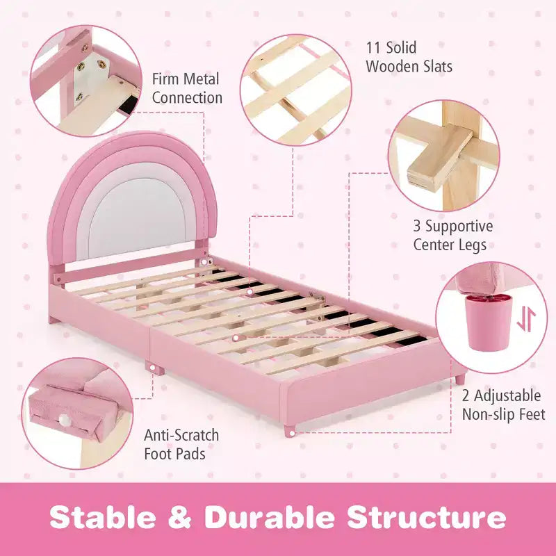 Kids Twin Platform Bed Frame Upholstered Twin Size Bed w/ Wooden Slats Support