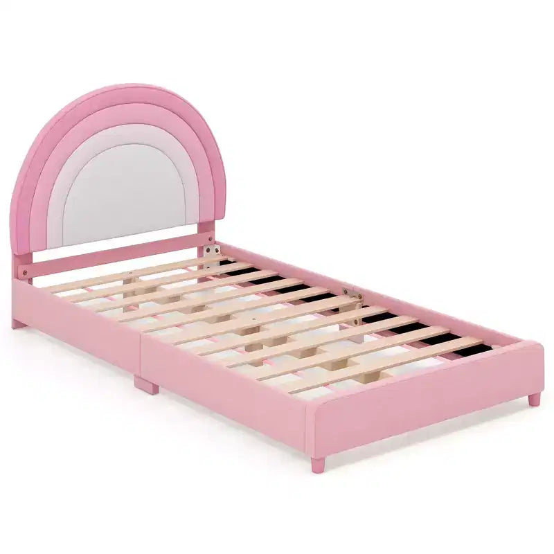 Kids Twin Platform Bed Frame Upholstered Twin Size Bed w/ Wooden Slats Support