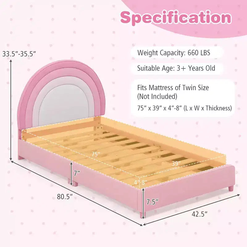 Kids Twin Platform Bed Frame Upholstered Twin Size Bed w/ Wooden Slats Support