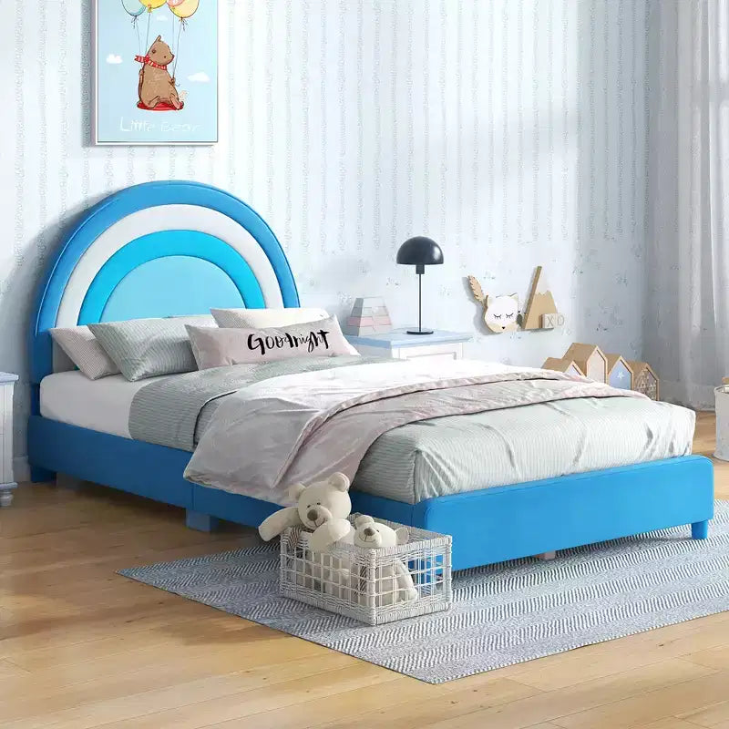 Kids Twin Platform Bed Frame Upholstered Twin Size Bed w/ Wooden Slats Support