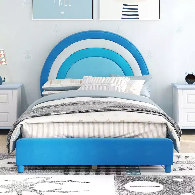 Kids Twin Platform Bed Frame Upholstered Twin Size Bed w/ Wooden Slats Support