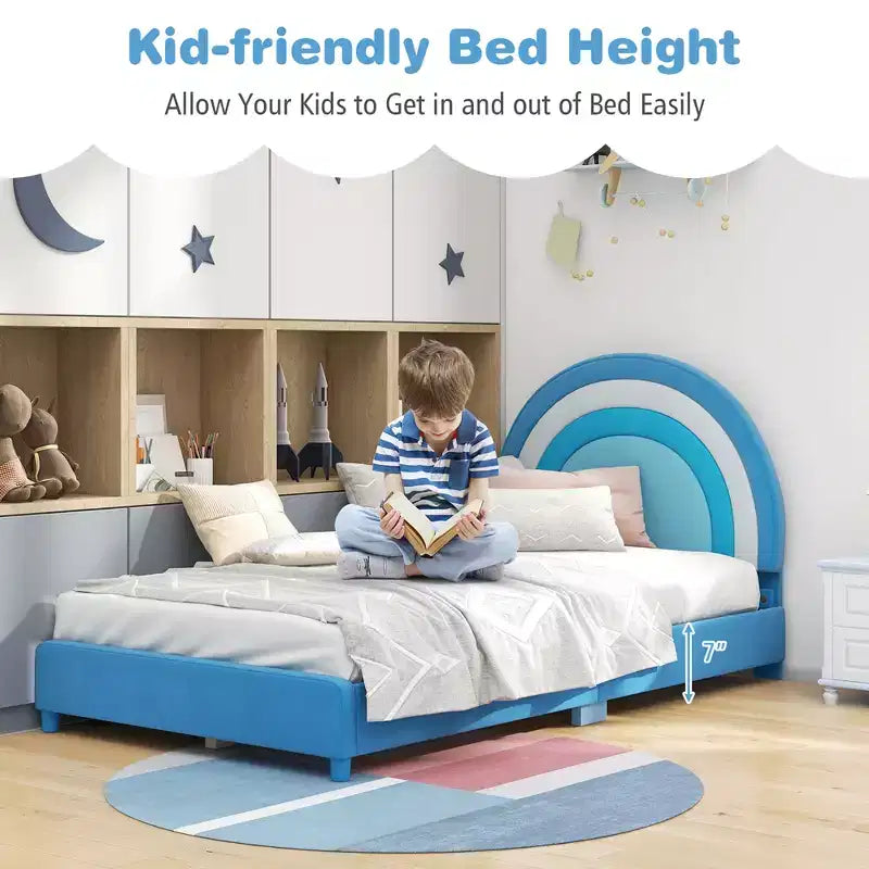 Kids Twin Platform Bed Frame Upholstered Twin Size Bed w/ Wooden Slats Support