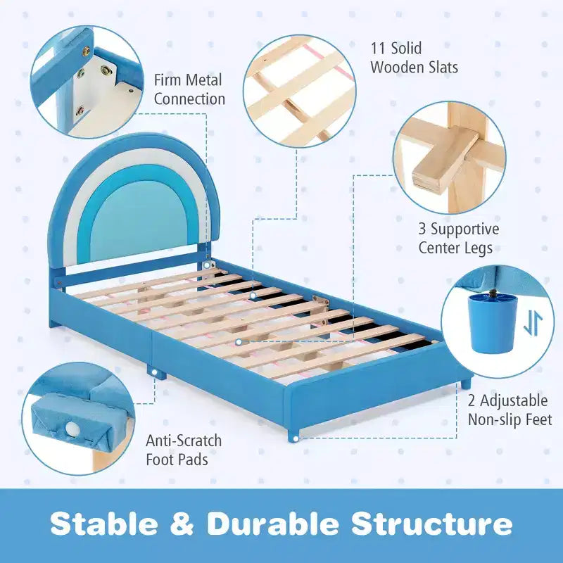 Kids Twin Platform Bed Frame Upholstered Twin Size Bed w/ Wooden Slats Support