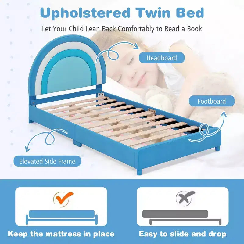 Kids Twin Platform Bed Frame Upholstered Twin Size Bed w/ Wooden Slats Support