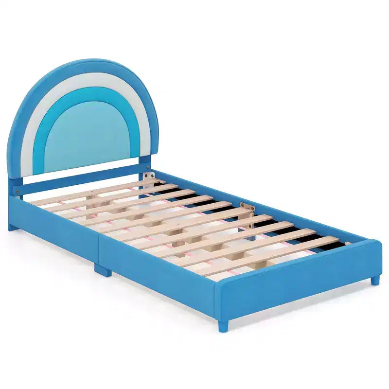 Kids Twin Platform Bed Frame Upholstered Twin Size Bed w/ Wooden Slats Support