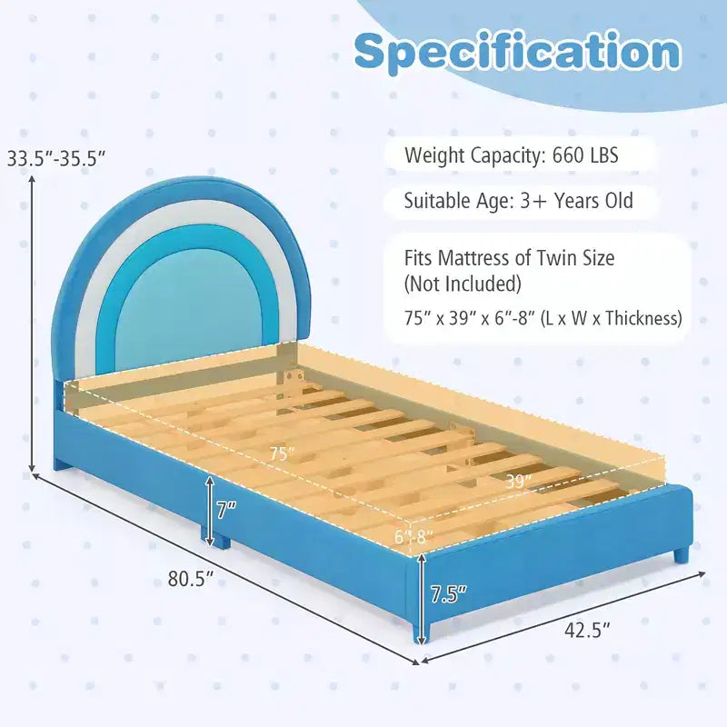 Kids Twin Platform Bed Frame Upholstered Twin Size Bed w/ Wooden Slats Support