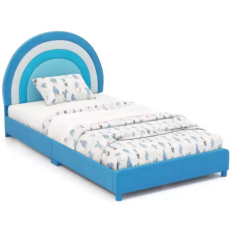 Costway Kids Twin Platform Bed Frame Upholstered Twin Size Bed w/ Wooden Slats Support