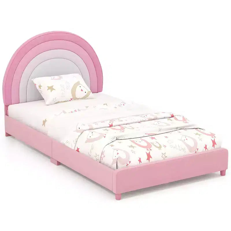 Kids Twin Platform Bed Frame Upholstered Twin Size Bed w/ Wooden Slats Support