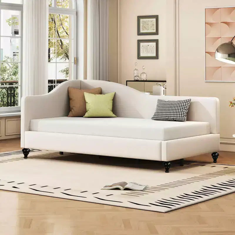 MAYEERTY Full Size L-Shaped Linen Daybed, Solid Wood Legs, Bedroom, Gray