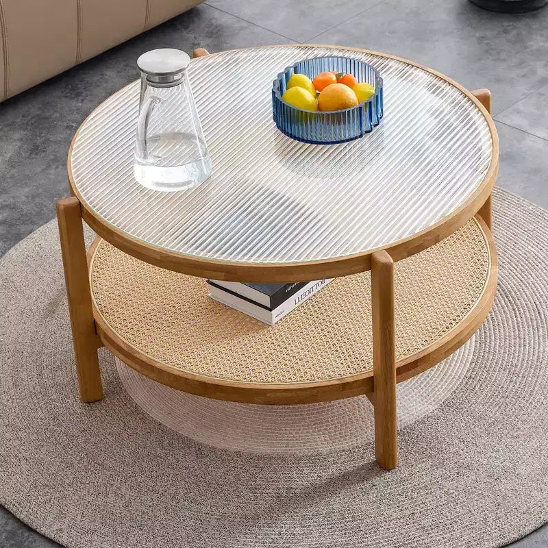 Coffee Table, Wood Modern Minimalist Round Double-Layer  Woven Rattan Chinese Style End Table for Living Room/Dining Room/Bedroom