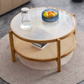 Coffee Table, Wood Modern Minimalist Round Double-Layer  Woven Rattan Chinese Style End Table for Living Room/Dining Room/Bedroom