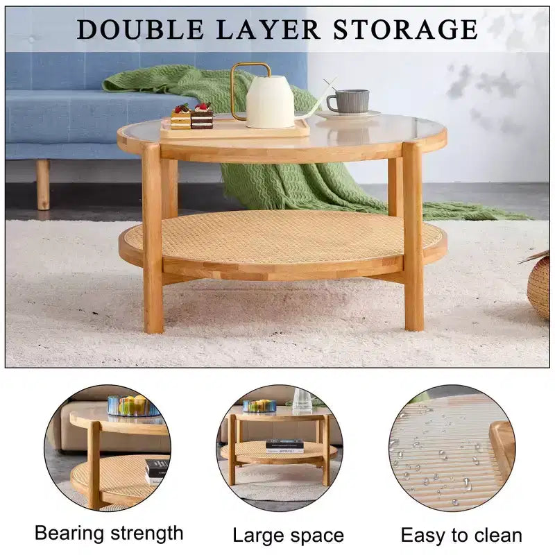 Coffee Table, Wood Modern Minimalist Round Double-Layer Woven Rattan Chinese Style End Table for Living Room/Dining Room/Bedroom