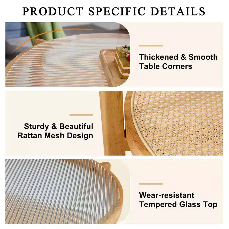 Coffee Table, Wood Modern Minimalist Round Double-Layer Woven Rattan Chinese Style End Table for Living Room/Dining Room/Bedroom