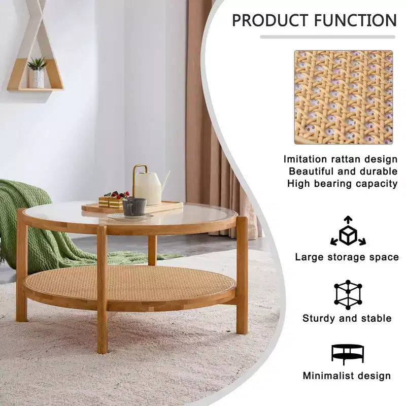 Coffee Table, Wood Modern Minimalist Round Double-Layer Woven Rattan Chinese Style End Table for Living Room/Dining Room/Bedroom