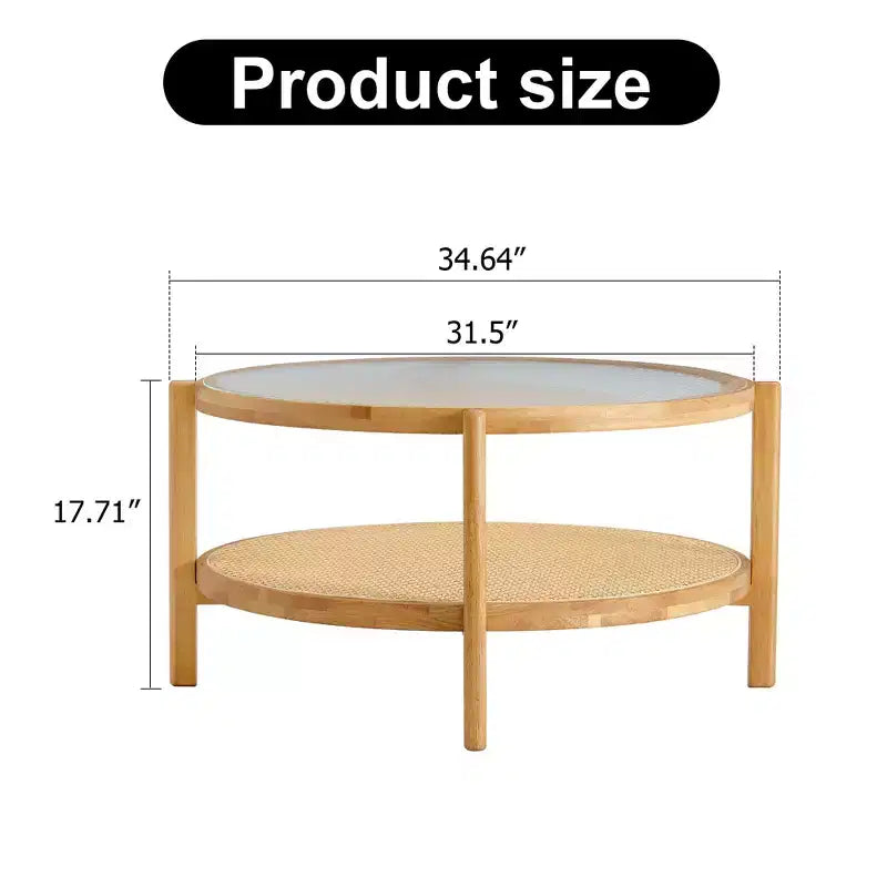Coffee Table, Wood Modern Minimalist Round Double-Layer Woven Rattan Chinese Style End Table for Living Room/Dining Room/Bedroom
