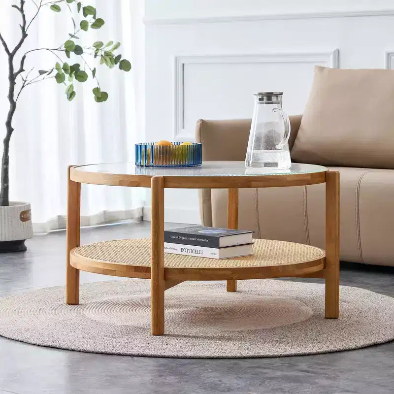 Coffee Table, Wood Modern Minimalist Round Double-Layer Woven Rattan Chinese Style End Table for Living Room/Dining Room/Bedroom