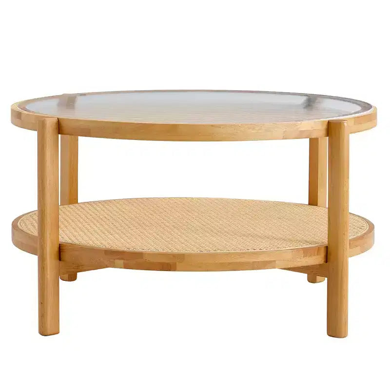 Coffee Table, Wood Modern Minimalist Round Double-Layer Woven Rattan Chinese Style End Table for Living Room/Dining Room/Bedroom