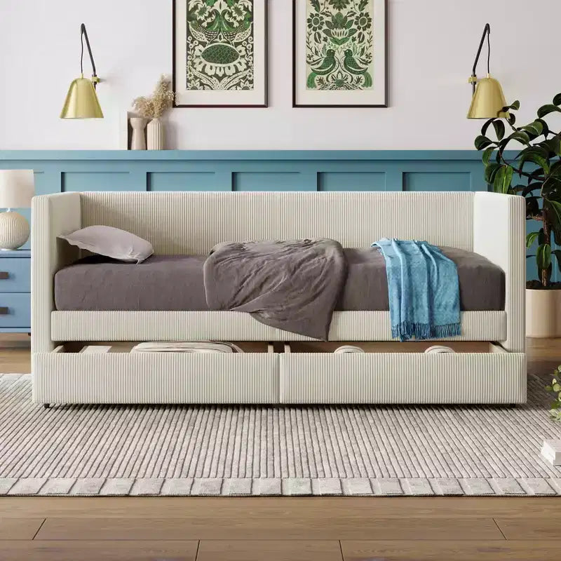MAYEERTY Twin Size Corduroy Daybed, 2 Drawers Wood Slat, Bedroom, Beige