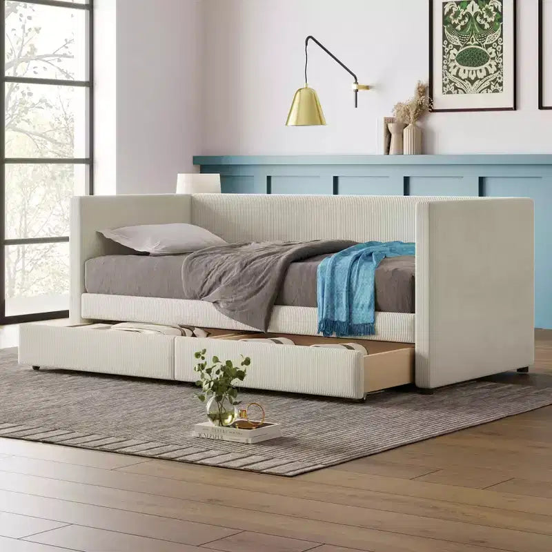 Twin Size Corduroy Daybed, 2 Drawers Wood Slat, Bedroom, Beige