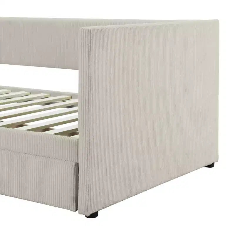 Twin Size Corduroy Daybed, 2 Drawers Wood Slat, Bedroom, Beige