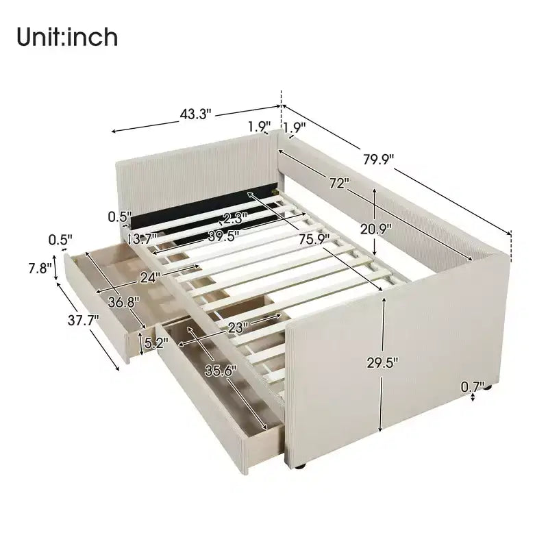 Twin Size Corduroy Daybed, 2 Drawers Wood Slat, Bedroom, Beige