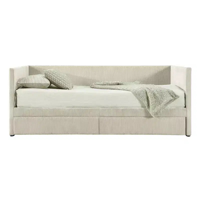 Twin Size Corduroy Daybed, 2 Drawers Wood Slat, Bedroom, Beige
